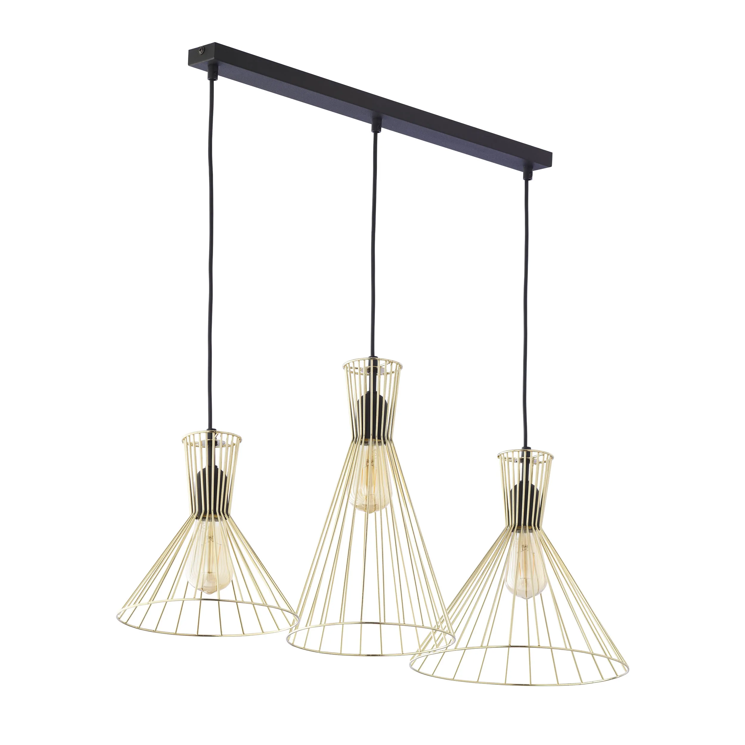 Lampa wisząca SAHARA czarna ze złotymi kloszami o różnych rozmiarach i kształtach na metalowej listwie 150x83x30cm