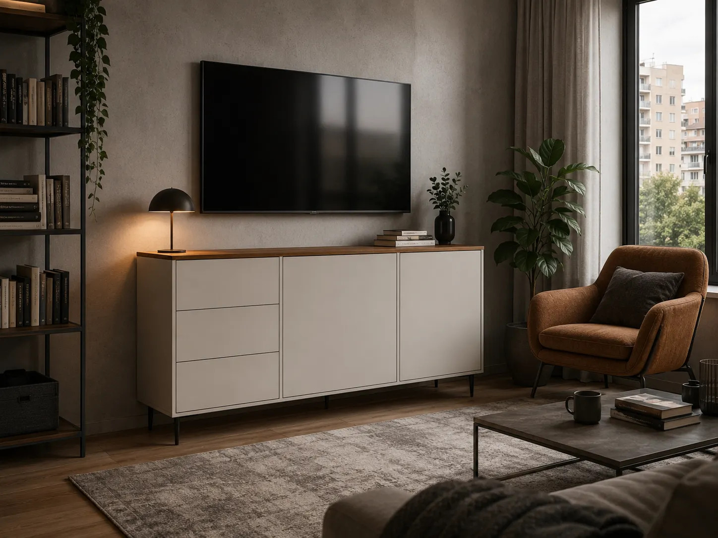 telewizor, telewizor na ścianie, komoda, sofa modułowa, wnętrze salonowe
