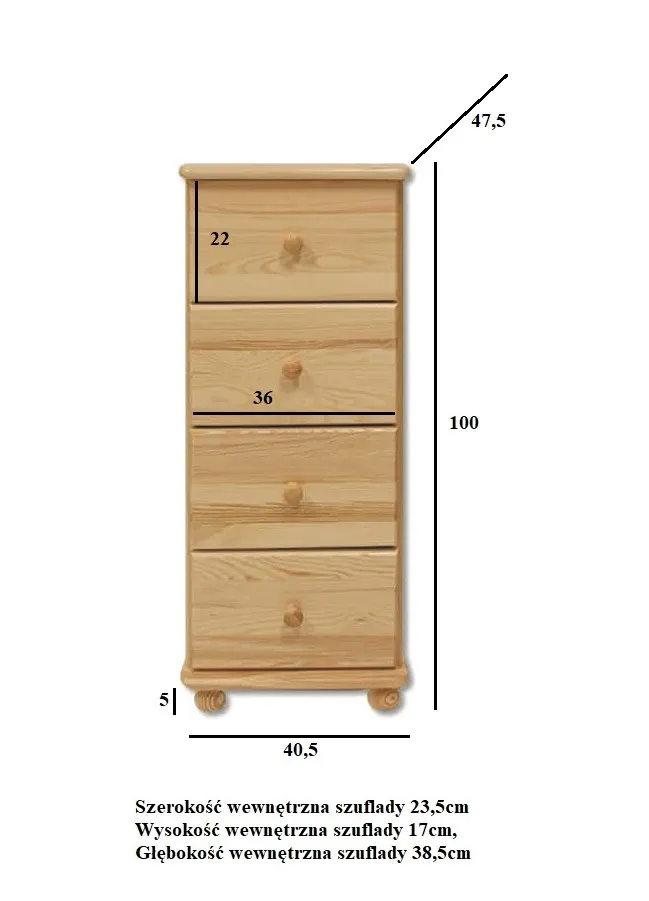 KD112_WYMIARY KD112 komoda S40 W100 G47 sosna naturalny DREWMAX - 00717
