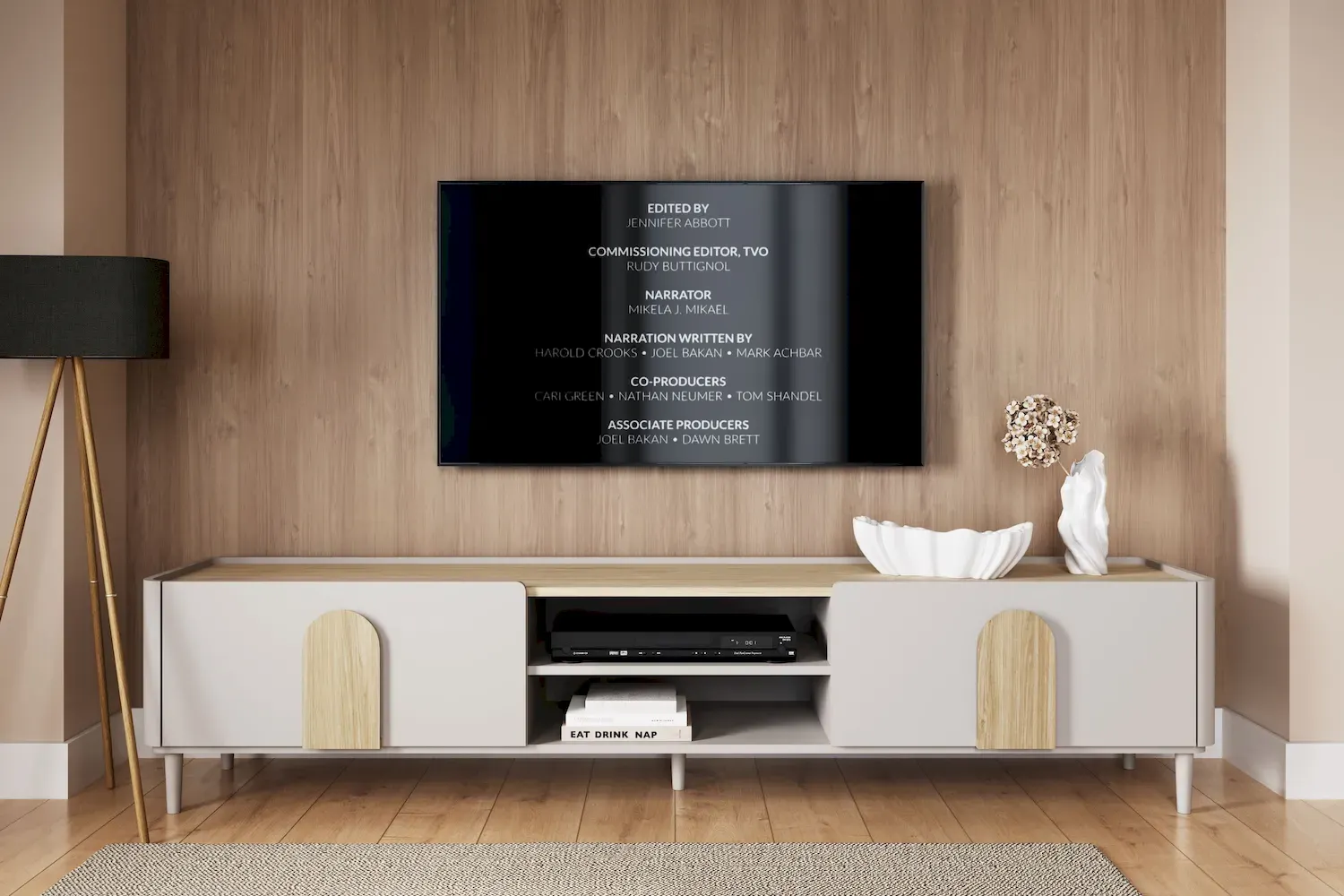 Safka RTV z klapą i szufladą AMILIO 220 - cashmere dąb olejowany uchwyty dąb jasny nogi cashmere - B_169218