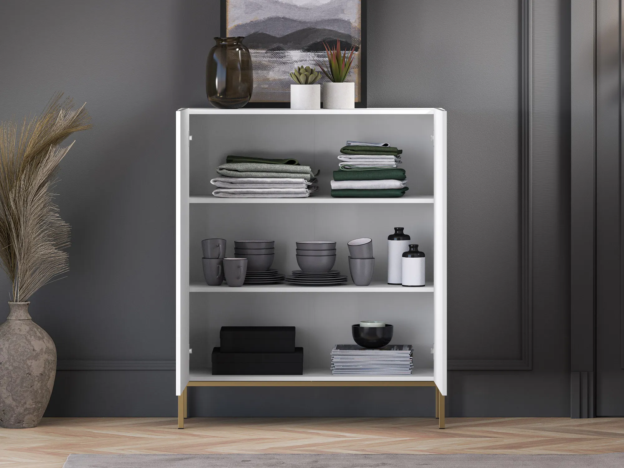 Komoda wysoka 2-drzwiowa CLEARING 01 biały alpejski, podstawa-złoty - 1CLEA01-001-03