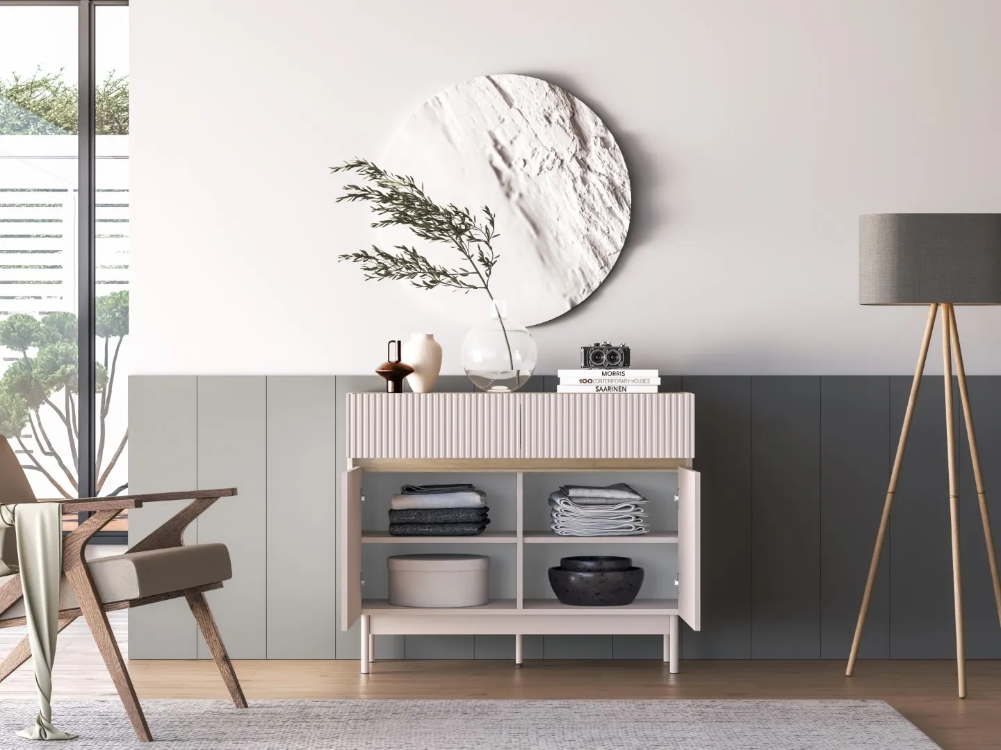 Komoda 2-drzwiowa z szufladami DUNEA 104x85 ryflowana kaszmir - dąb cremona - 1DUNE06-001