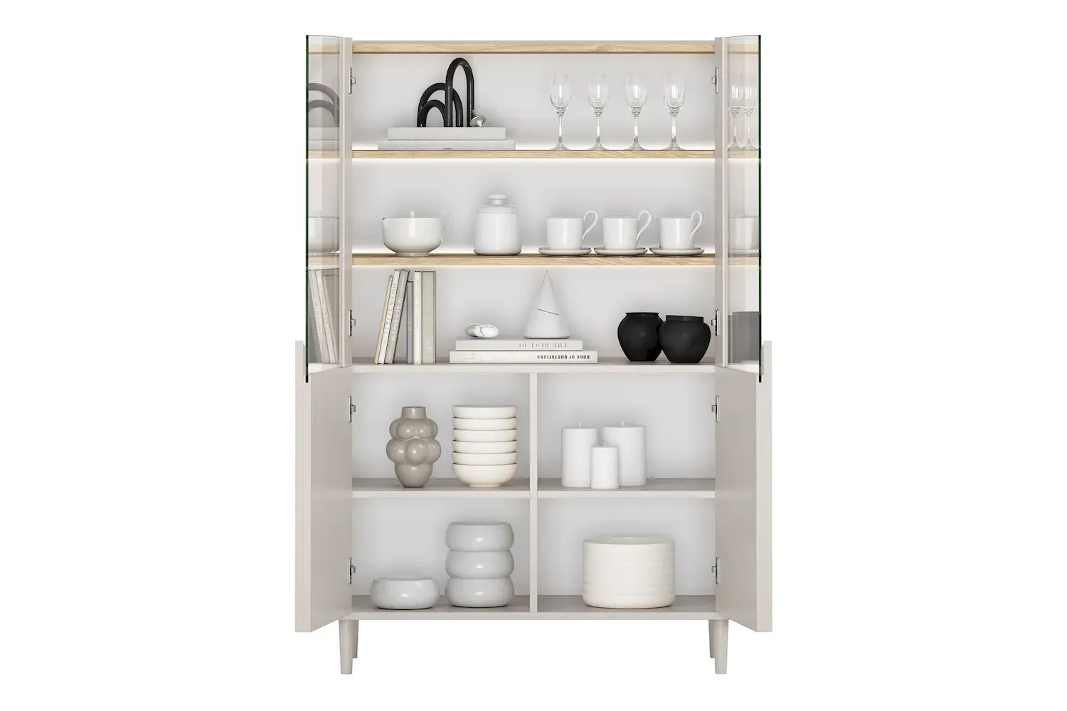 Witryna 2-drzwiowa AMILIO 100 oświetlenie LED - cashmere dąb olejowany uchwyty cashmere nogi cashmere - B_169211