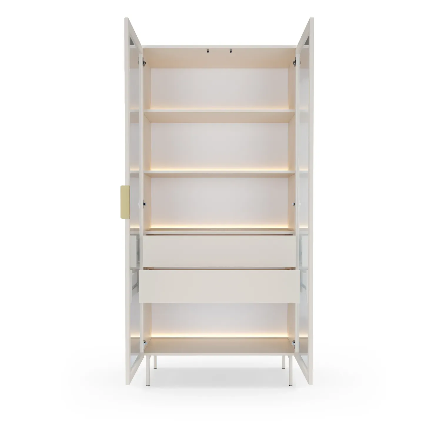 Witryna wysoka 2-drzwiowa z 2 szufladami LUMI 91cm LED kaszmir złote uchwyty - LA_LUMI_WITRYNA_WYSOKA_91_2D2S