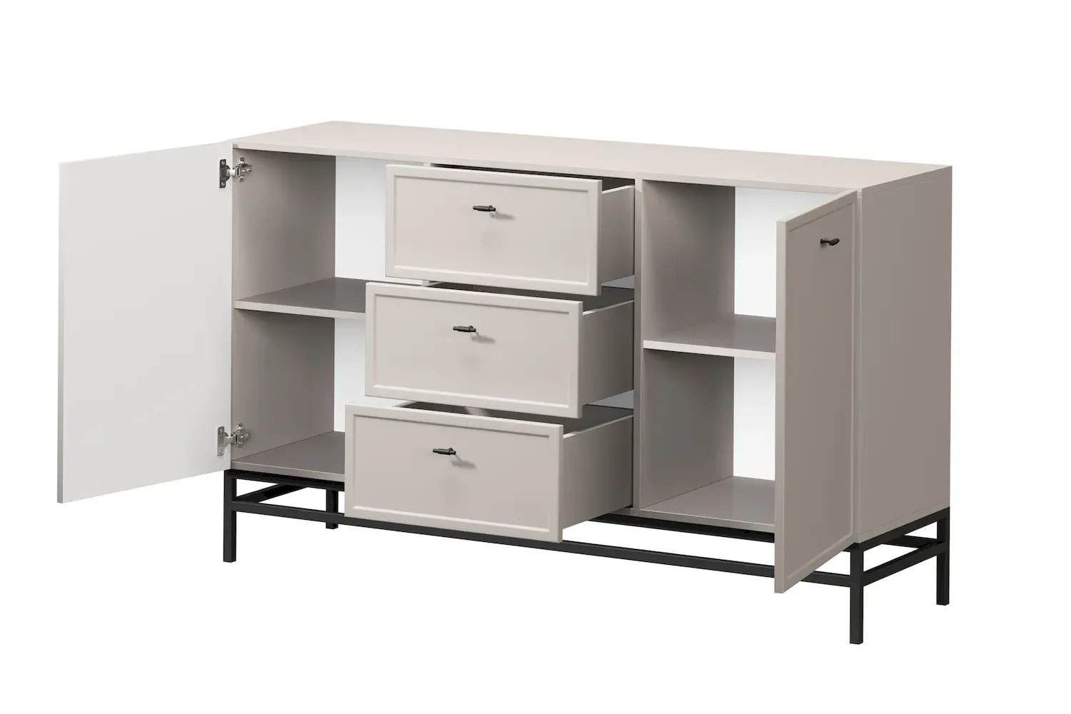 Komoda 2-drzwoiowa z 3 szufladami LORINI 150 - cashmere uchwyt T-bar czarny stelaż czarny