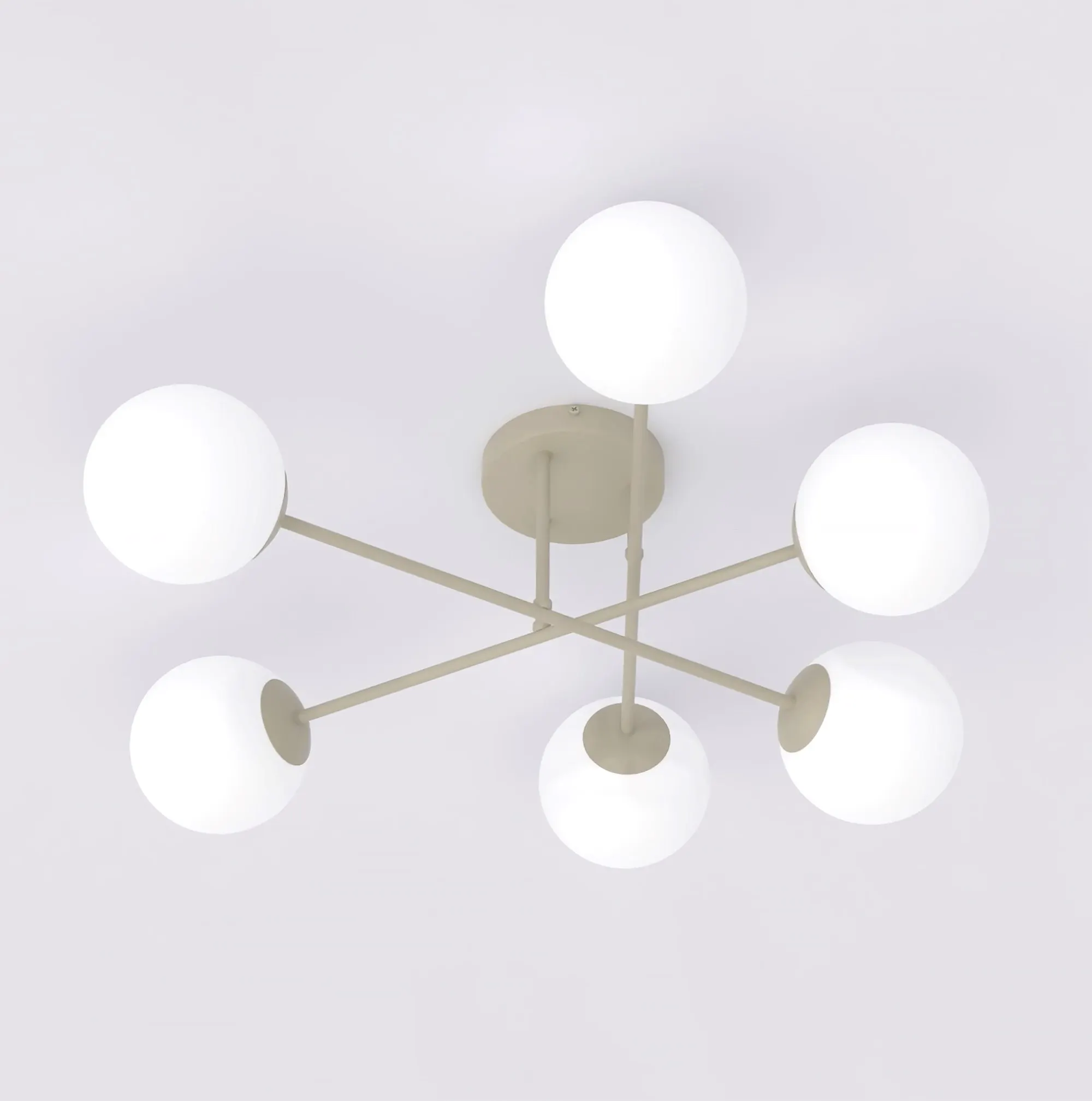 image lampa sufitowa, kula lampy, metalowy stelaż, białe kule, oświetlenie sufitowe