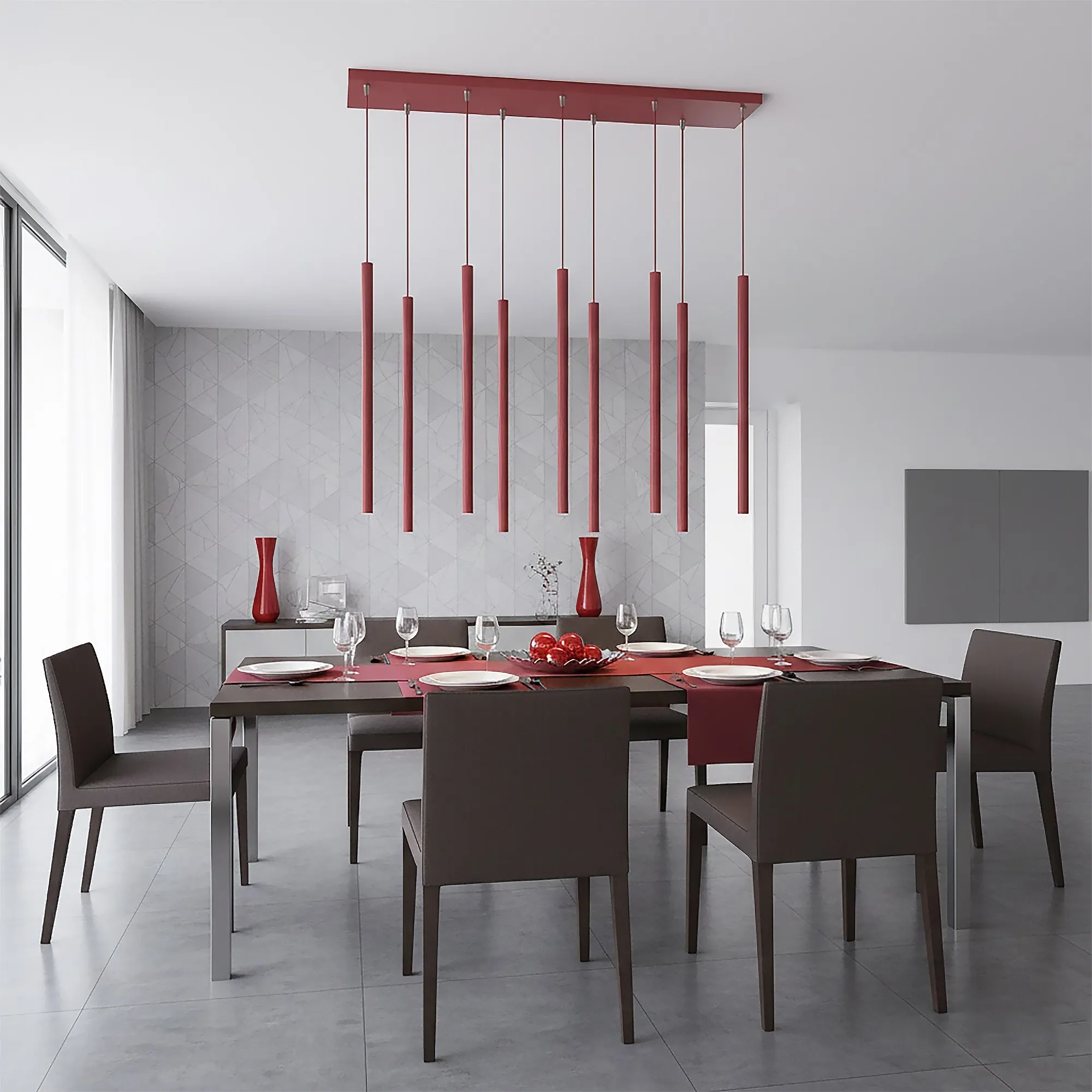 image lampa wisząca, kinkiety, stół jadalny, krzesła, kolor czerwony