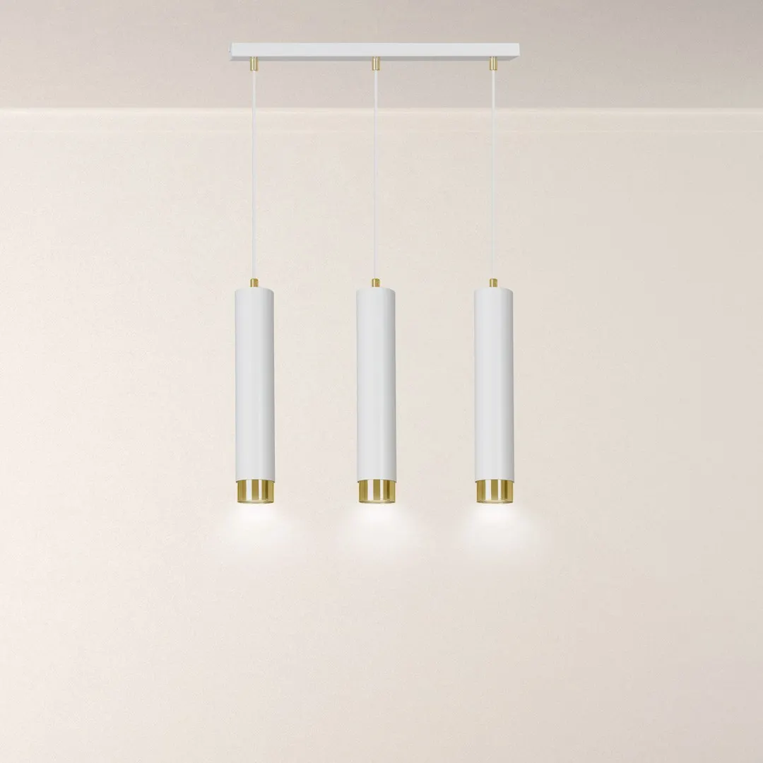 image lampa wisząca, kinkiet trzy, trzy prowadnice, metalowy żyrandol, biały złoty