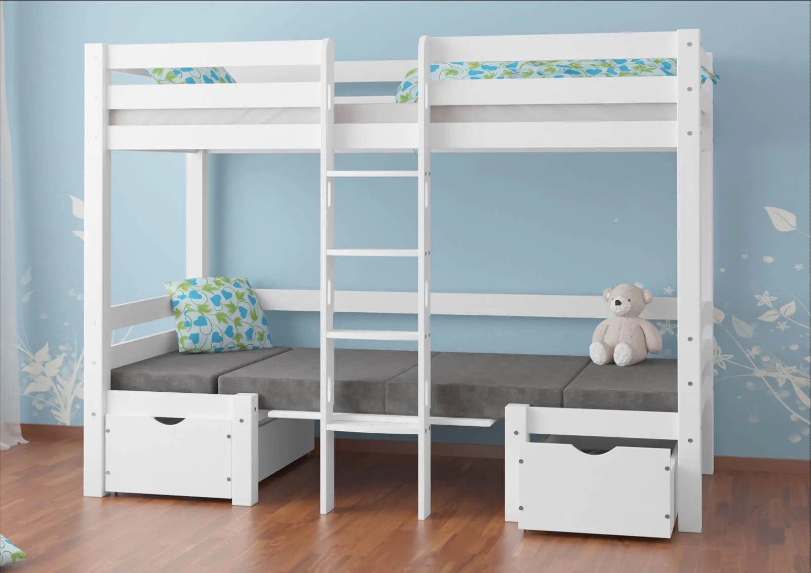 Łóżko drewniane piętrowe DOUBLE ze stelażem i siedziskiem białe - LPDOUBLEBIA90