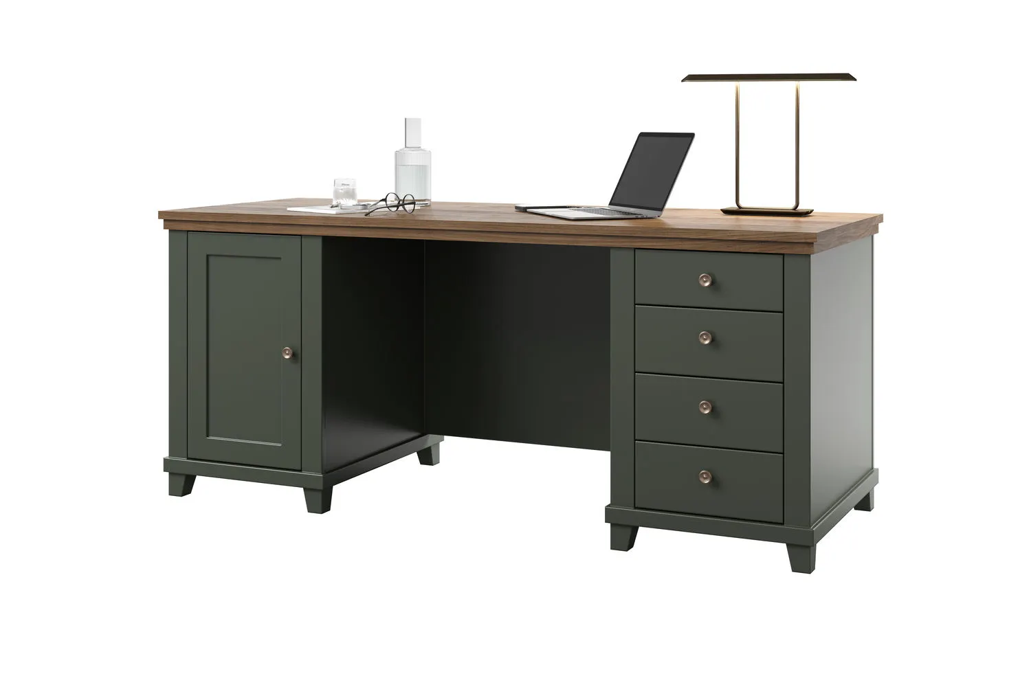 Biurko z szafką i szufladami EVORA 180x70 ciemnozielone/dąb Lefkas - 24ZRJU07