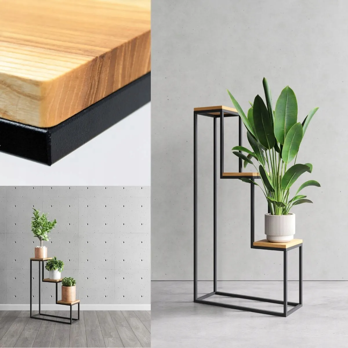 Kwietnik stojący 3-poziomowy NICEA L metal drewno czarny naturalny - LD_TZ000050