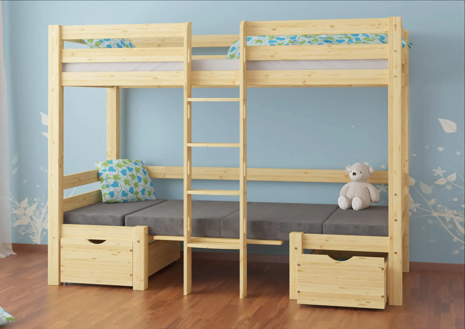 Łóżko drewniane piętrowe DOUBLE ze stelażem i siedziskiem naturalne - LPDOUBLESOS90