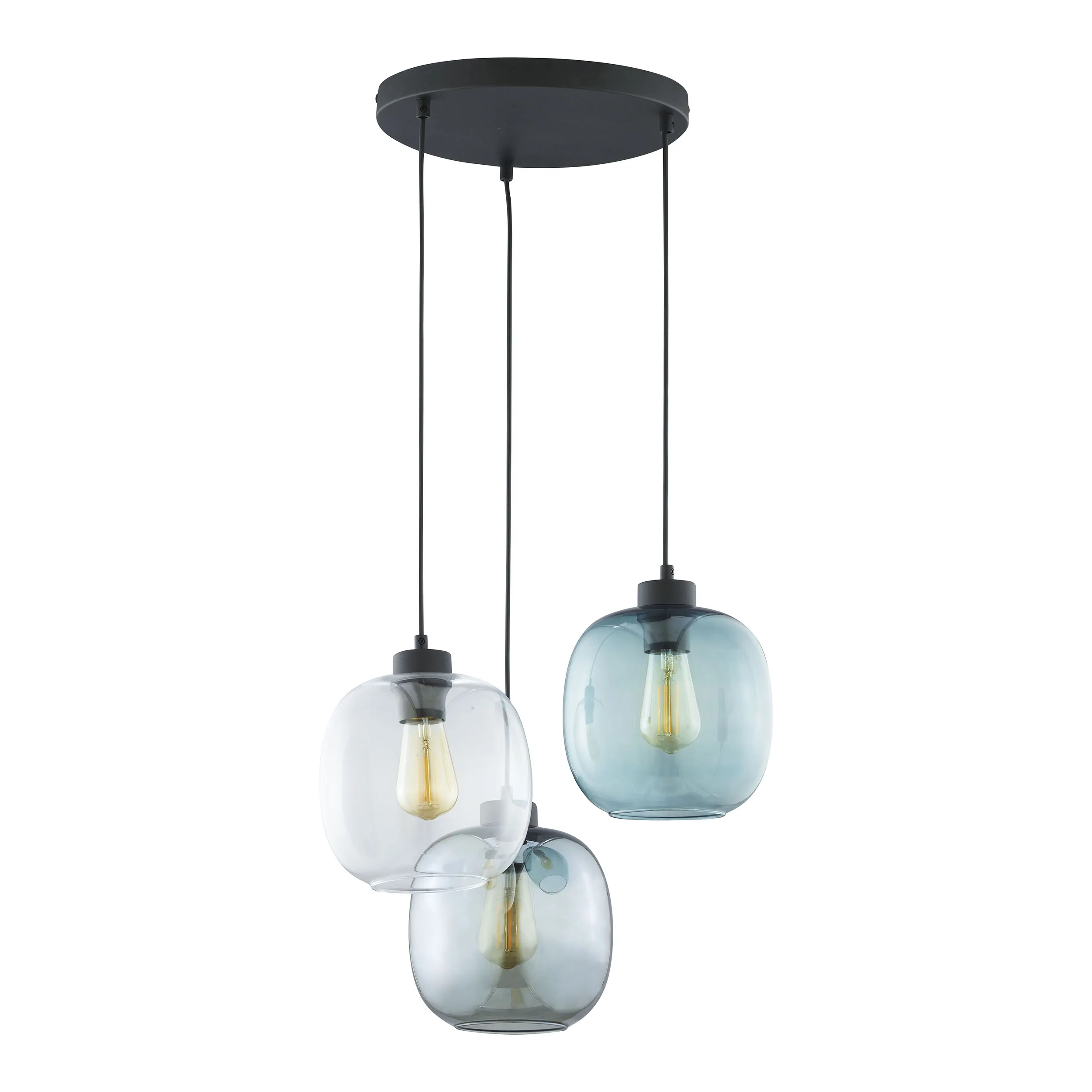 Lampa wisząca ELIO czarna na okrągłej podstawie z różnokolorowymi transparentnym szarym niebieskim szklanym kloszem 100x52cm