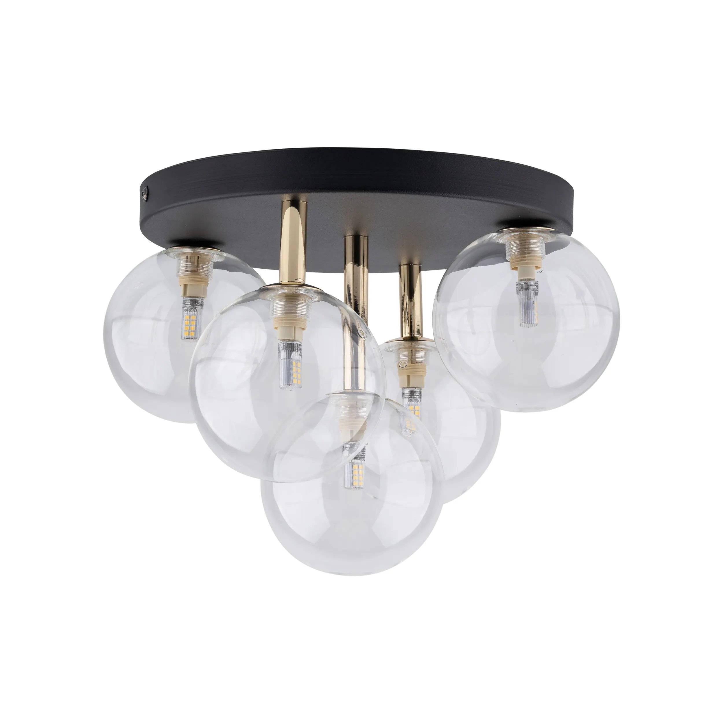 Lampa sufitowa NILOS czarna złota ze szklanymi transparentnymi okrągłymi kloszami 35x25cm