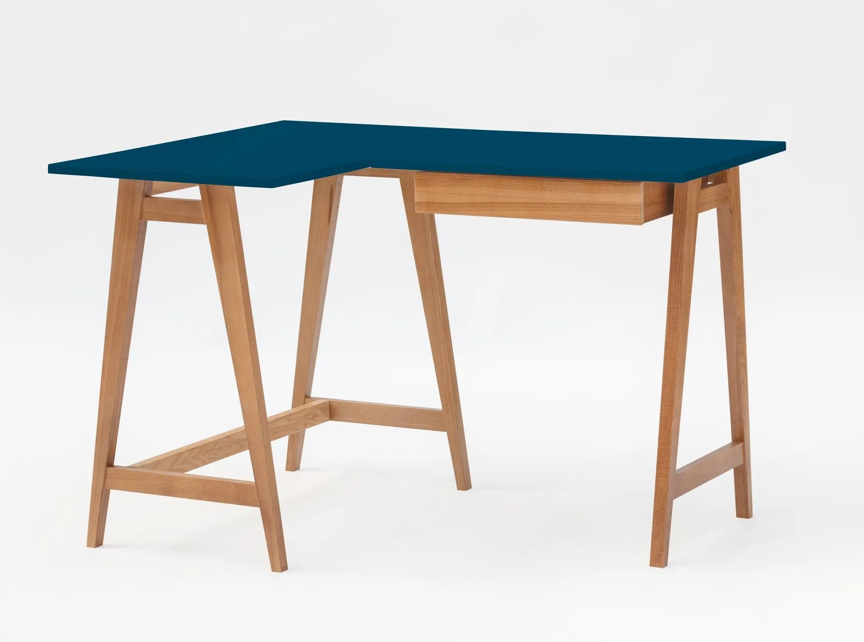 Biurko narożne z szufladą LUKA lewostronne 115x85 ciemnoniebieski blat/nogi kolor dąb Biurko, Meble, Tabela, Stół do jadalni