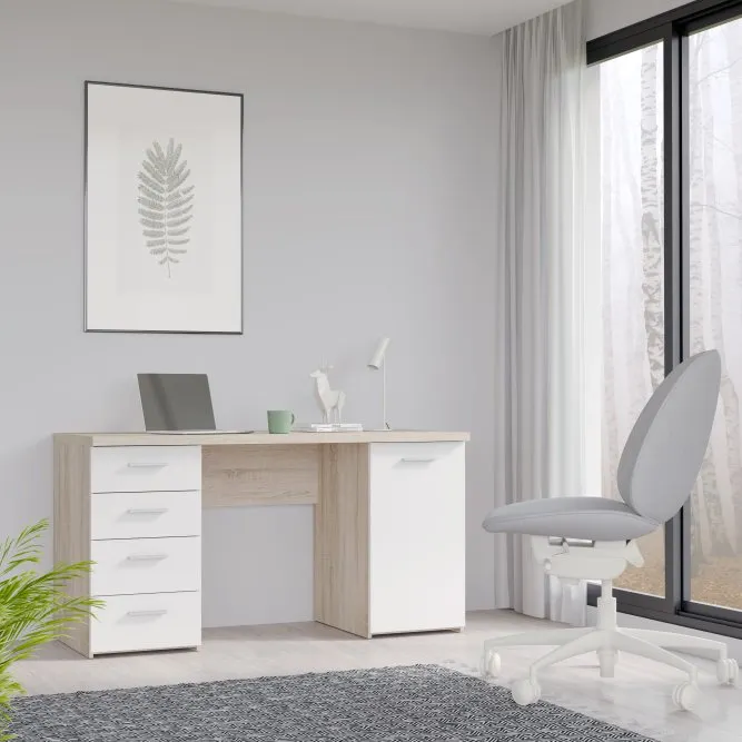 Biurko NET106 z szafką i 4 szufladami - biały, jasny efekt drewna - MT926-Q36