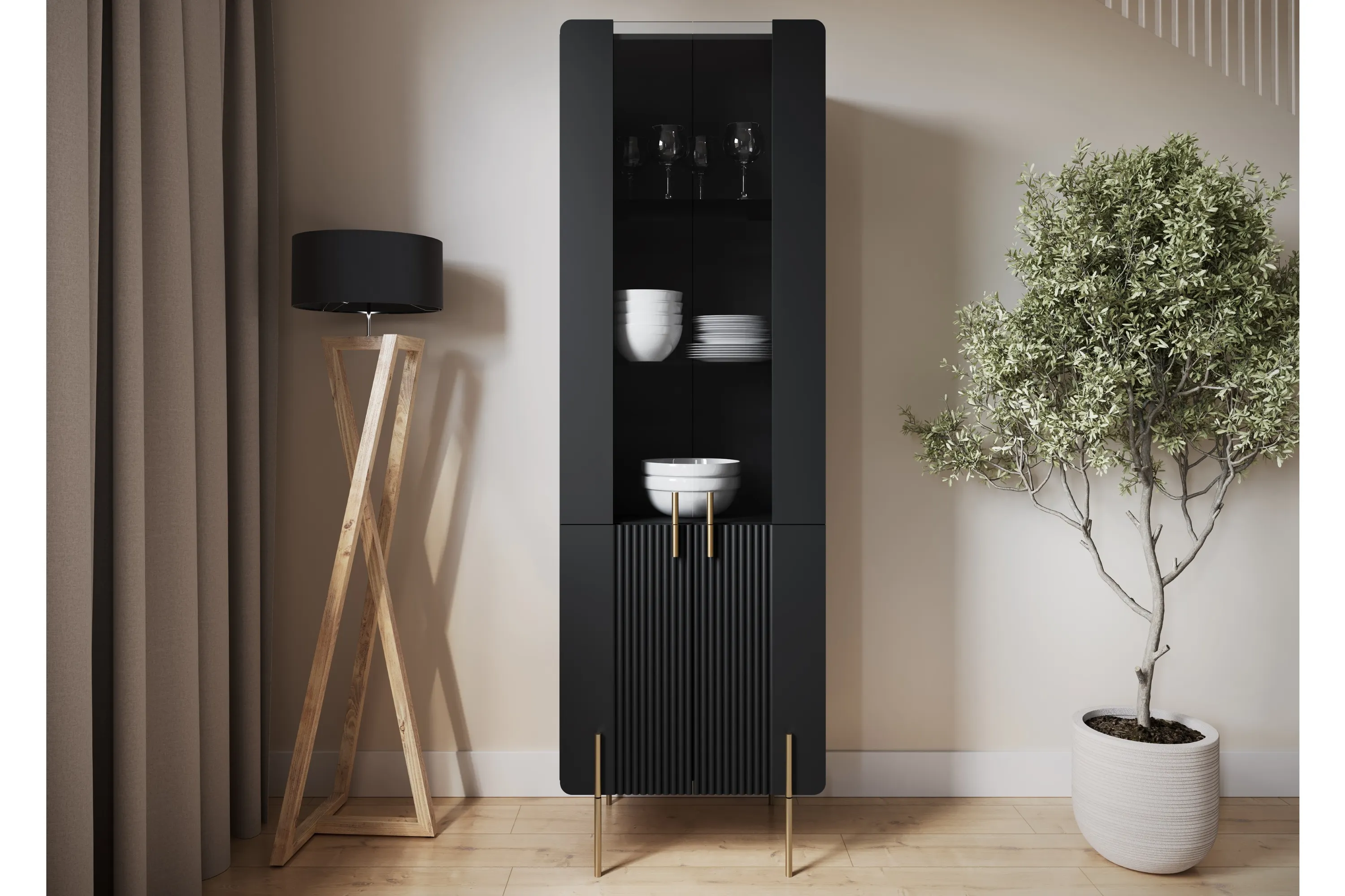 Witryna 4-drzwiowa MALMI 60cm - czarna - złote nóżki - B_166966