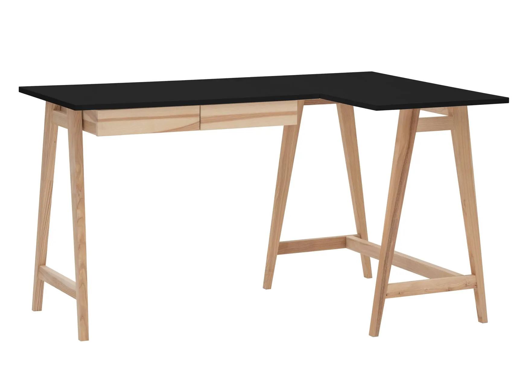 Biurko narożne z szufladą LUKA prawostronne 135x85 czarny blat/ drewniane nogi Biurko, Meble, Tabela, Stół do jadalni