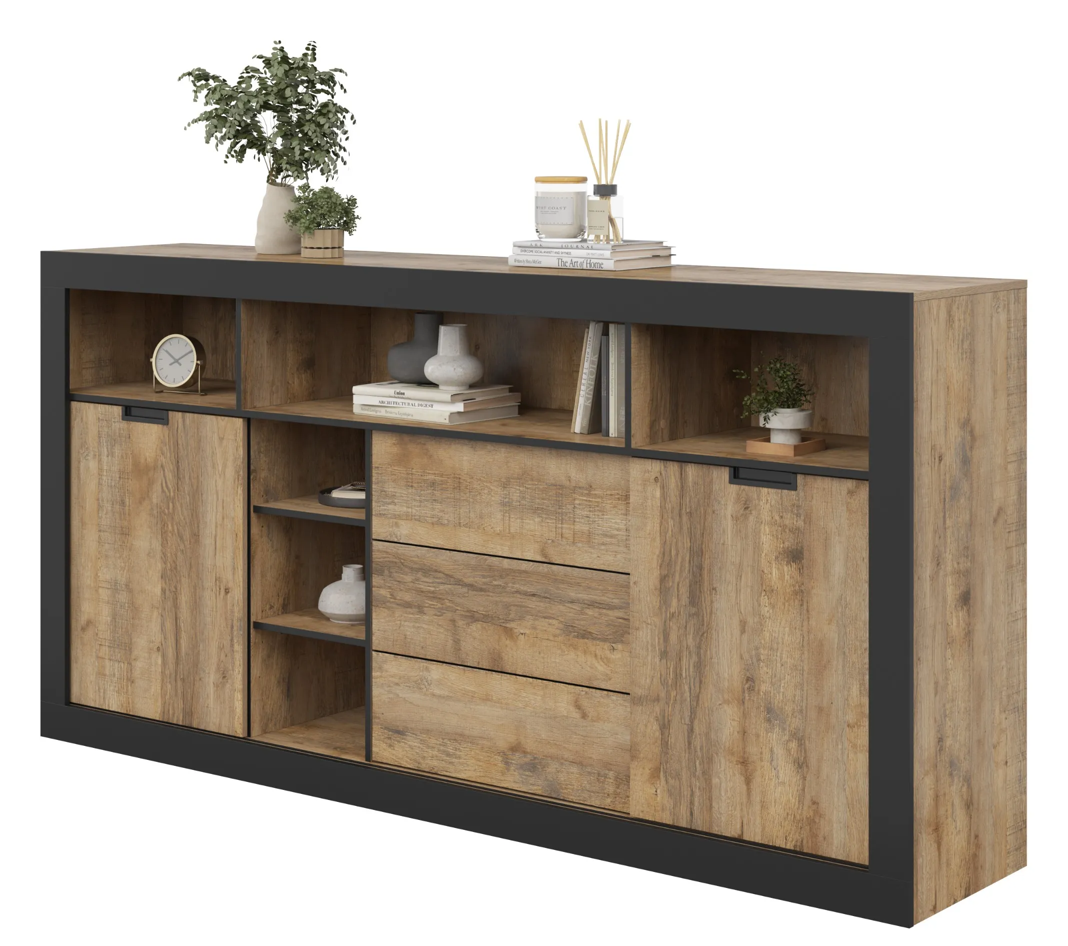 Komoda wysoka 2-drzwiowa z 3 ukrytymi szufladami TUDOR - dąb samdal, czarny - 24WSNZ43