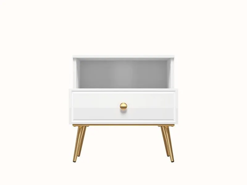 Szafka nocna z szufladą GOLDIN 07 biały połysk na złotych nogach - 1GOLD07-001