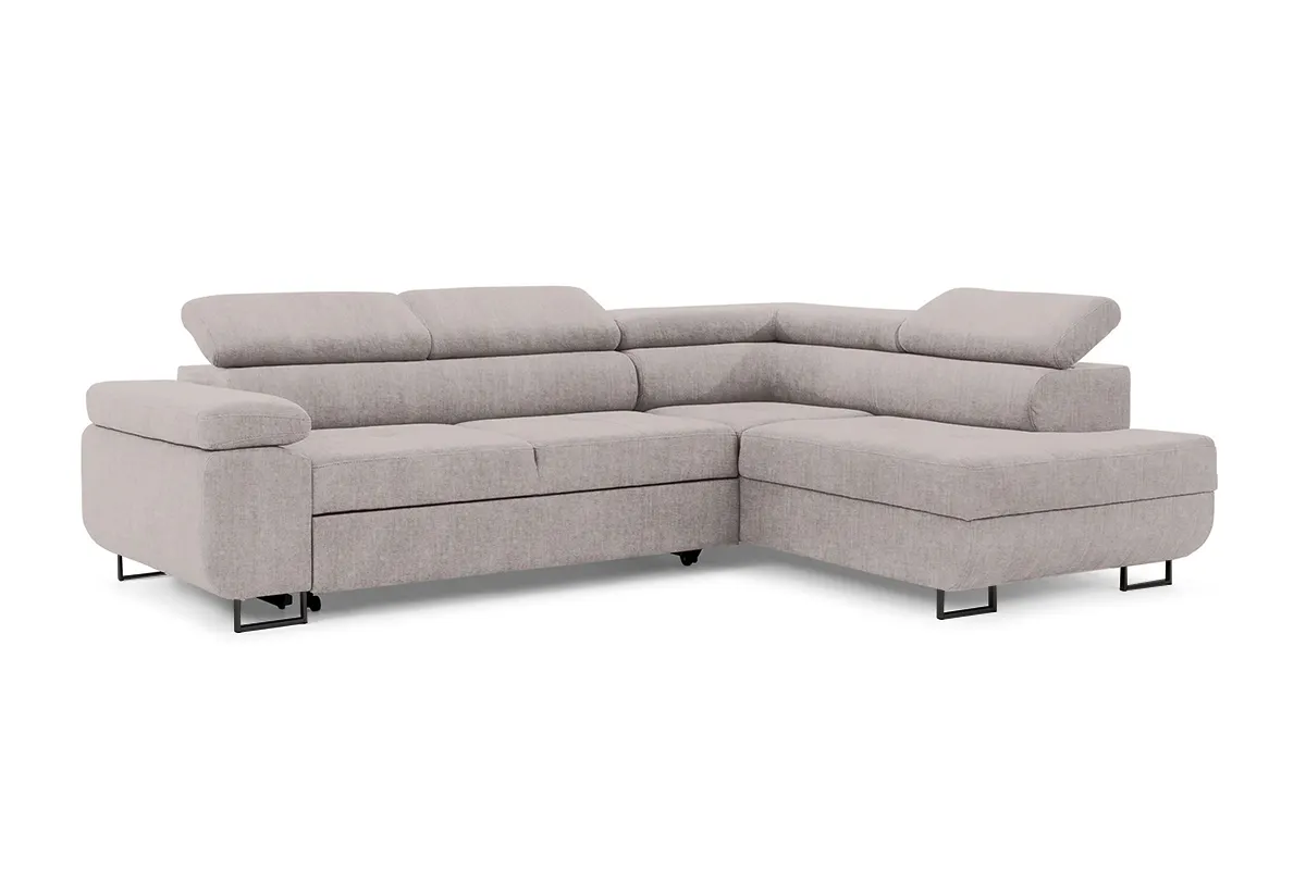 Narożnik prawostronny ANNABELLE L regulowane zagłówki nogi czarne tkanina prawy Maya 01 beżowy - B_165790