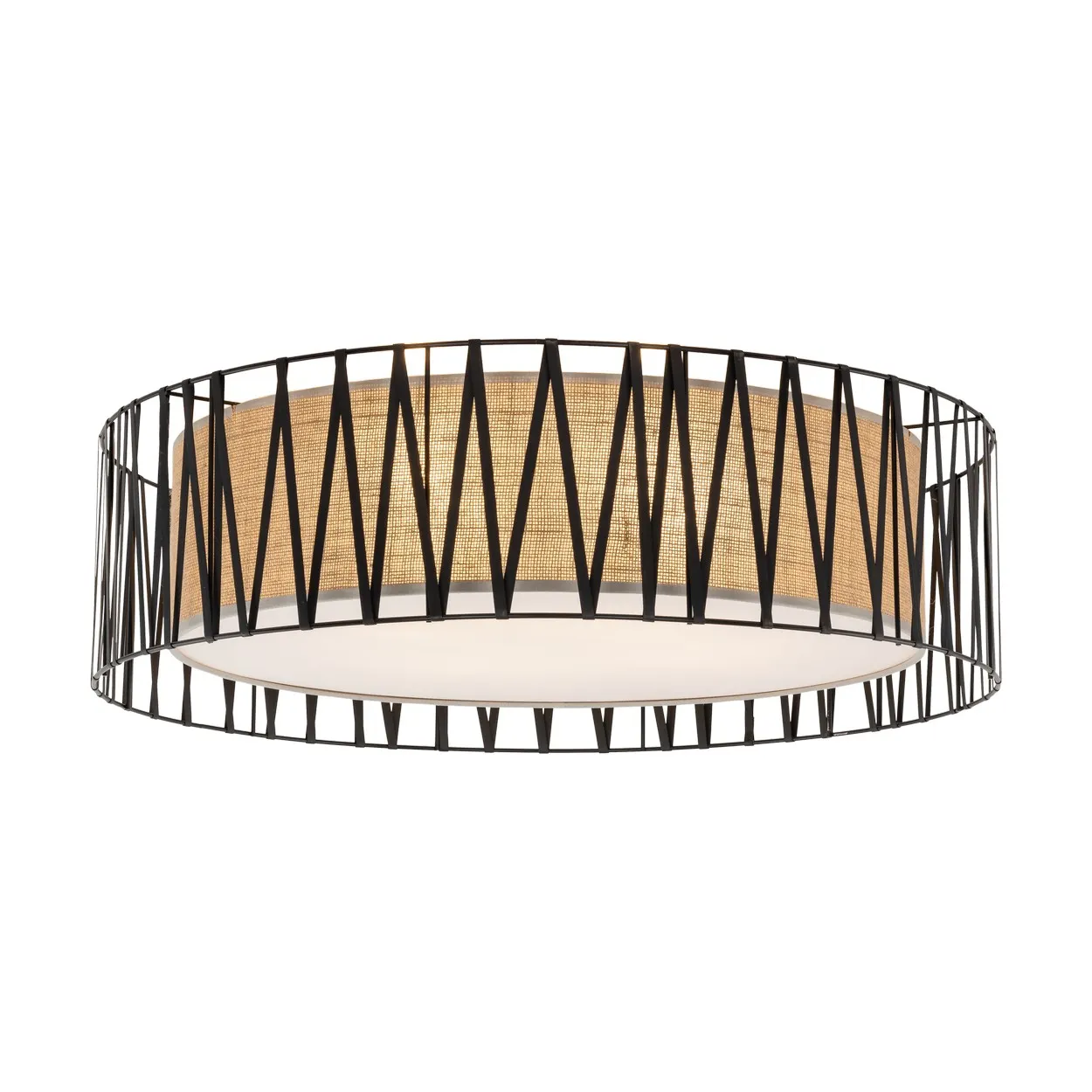 Lampa sufitowa HARMONY czarna tasiemka z brązowym kloszem z tkaniny plecionki okrągła 71x21cm