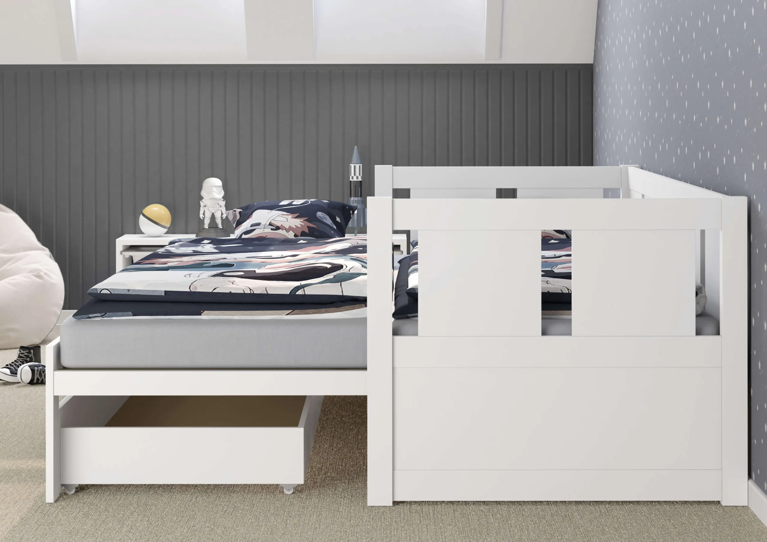 Łóżko drewniane rozkładane MOON 90x200 z oparciem białe - LMOONBIA90