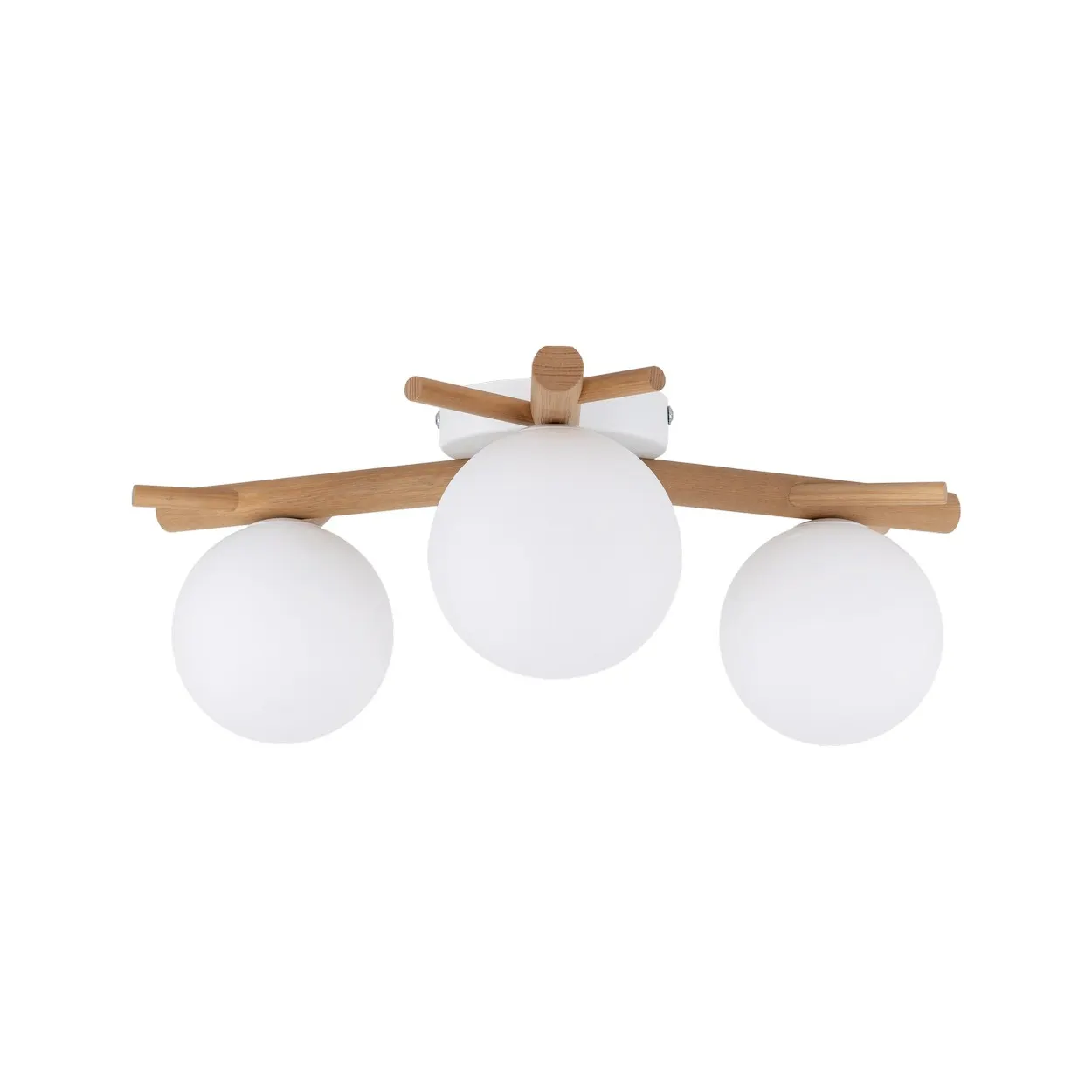 Lampa sufitowa SHERON biała z drewnianymi jasnymi ramionami okrągłe szklane klosze 46x17cm