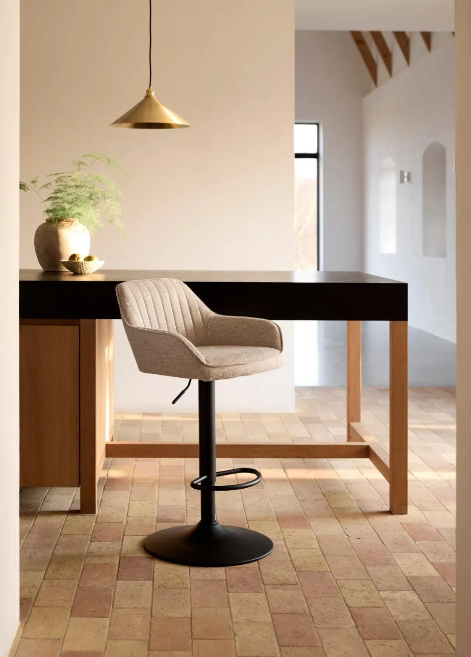 bar stool, adjustable height, fabric upholstery, neutral beige, kitchen island