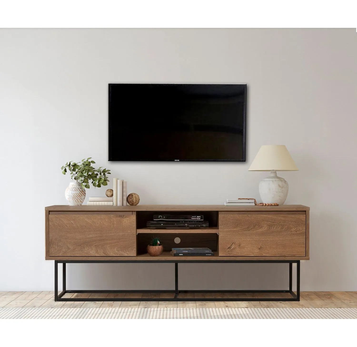 Szafka RTV z 2 szufladami RODEZ 140 cm orzechowa/czarna