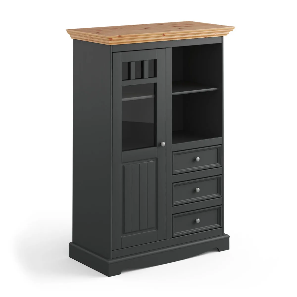 Witryna niska BELLUNO ELEGANTE 1-drzwiowa z 3 szufladami grafit - naturalna sosna