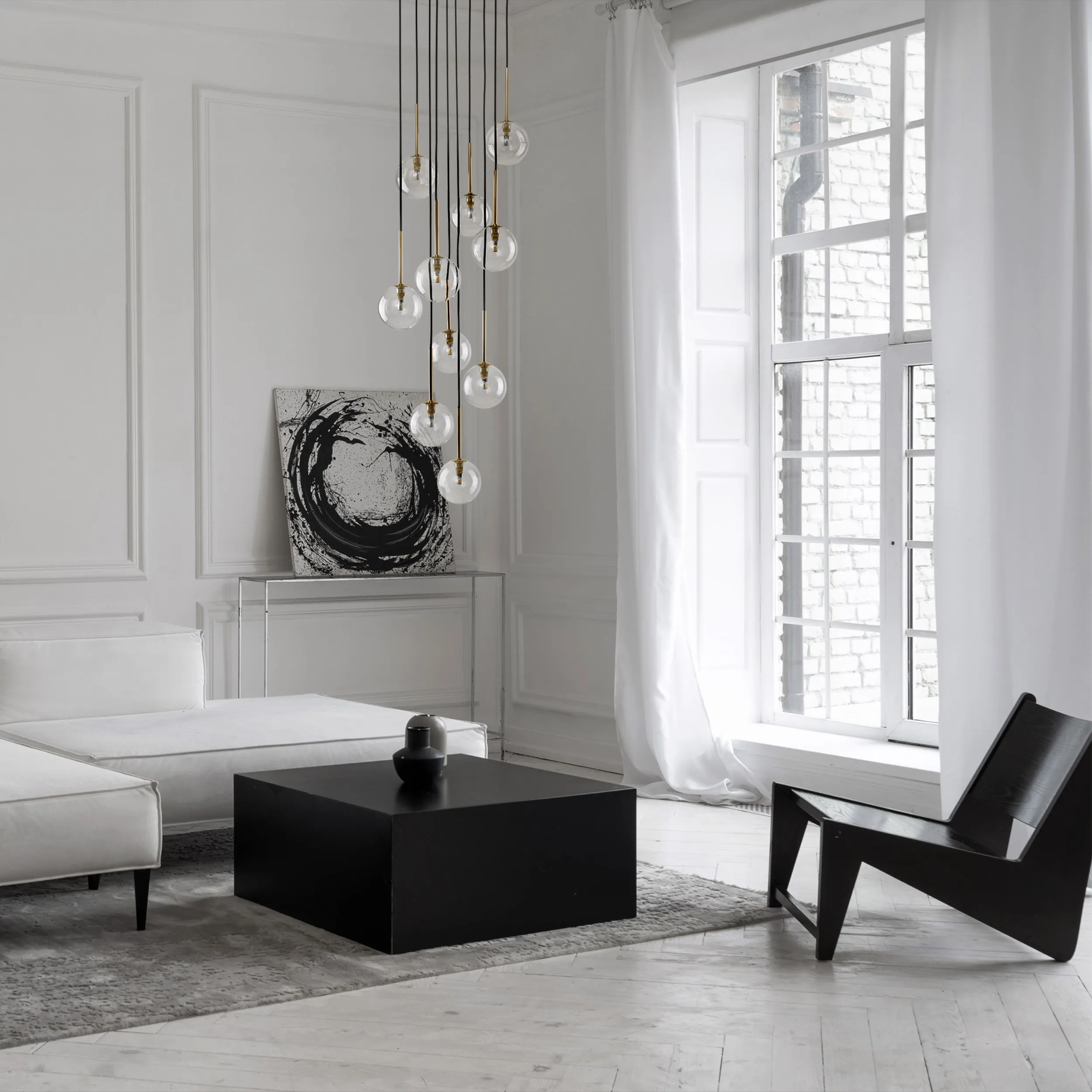 Lampa wisząca NILOS czarna ze złotymi elementami transparentnymi szklanymi okrągłymi kloszami 145x42cm - TK_5944