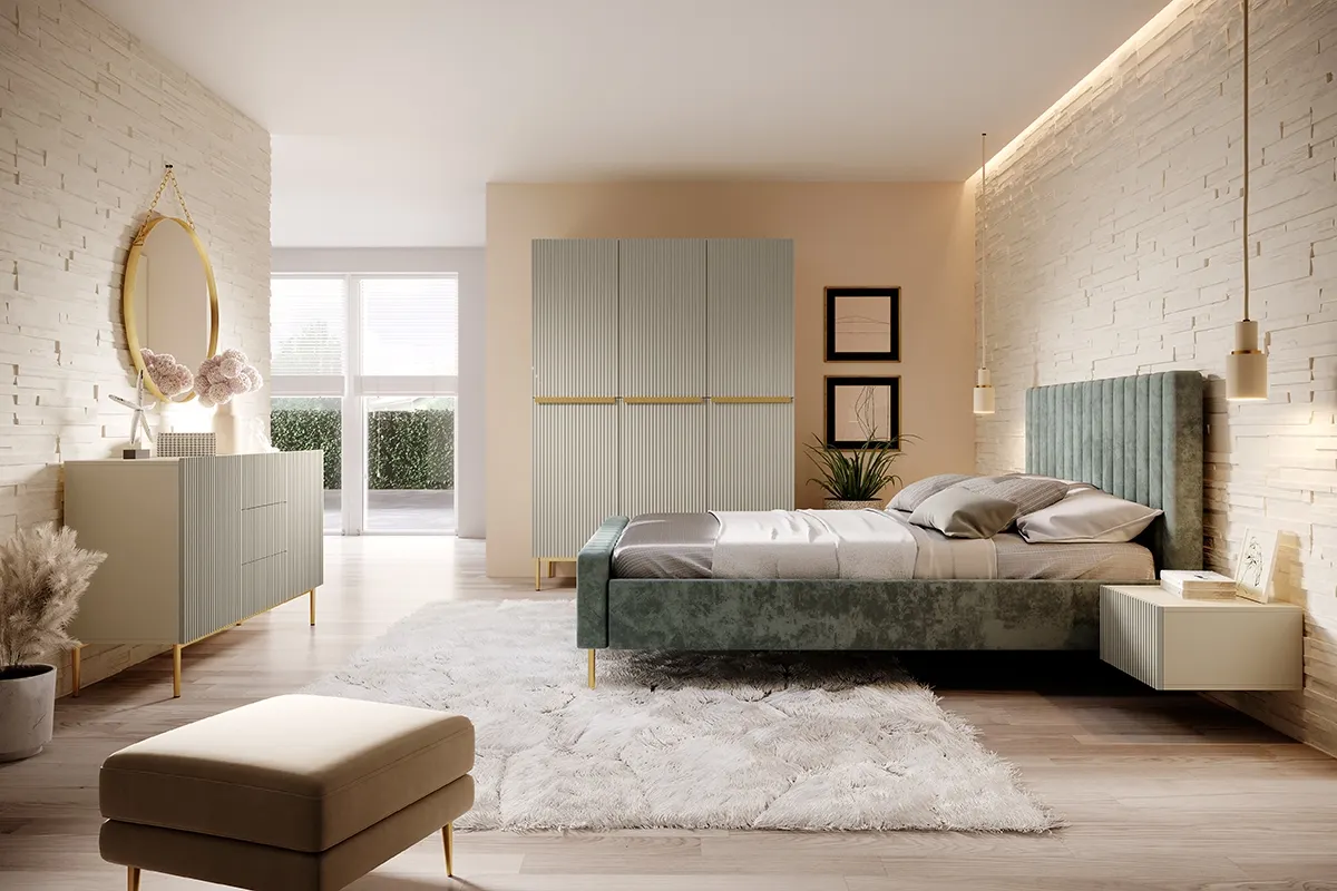 Szafa 3-drzwiowa NICOLE 150 z półkami, drążkiem i 2 szufladami - kremowa - złoty stelaż - B_148519