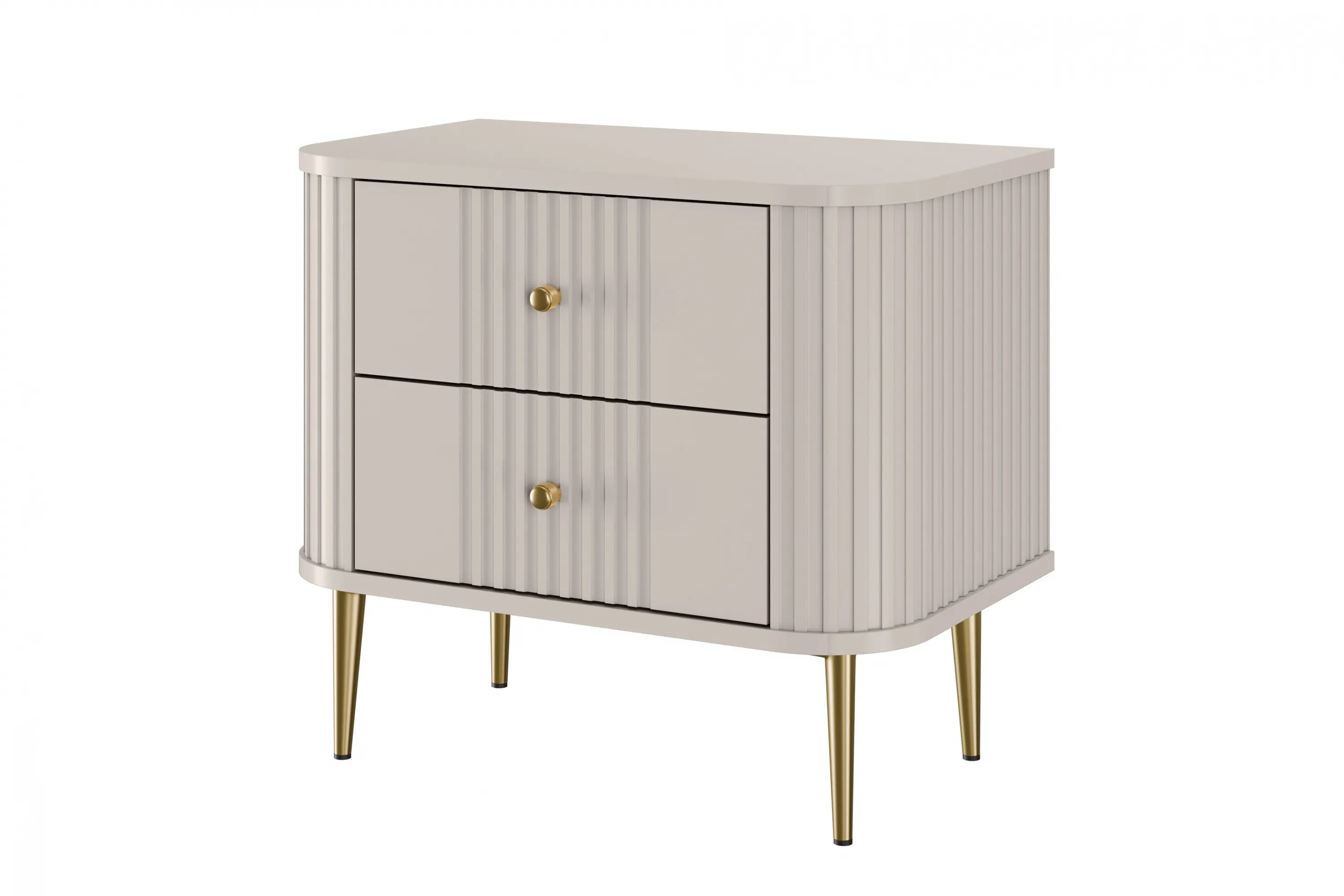 Szafka nocna z 2 szufladami VESPER 56 zestaw 2 sztuk ryflowany front cashmere złote nogi - B_163825