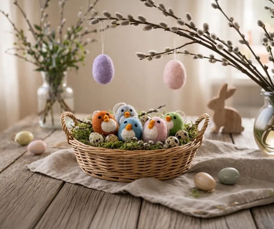 koszyczek, jajka wielkanocne, piórka/puchowe owieczki, misie z filcu, wielkanocne dekoracje
