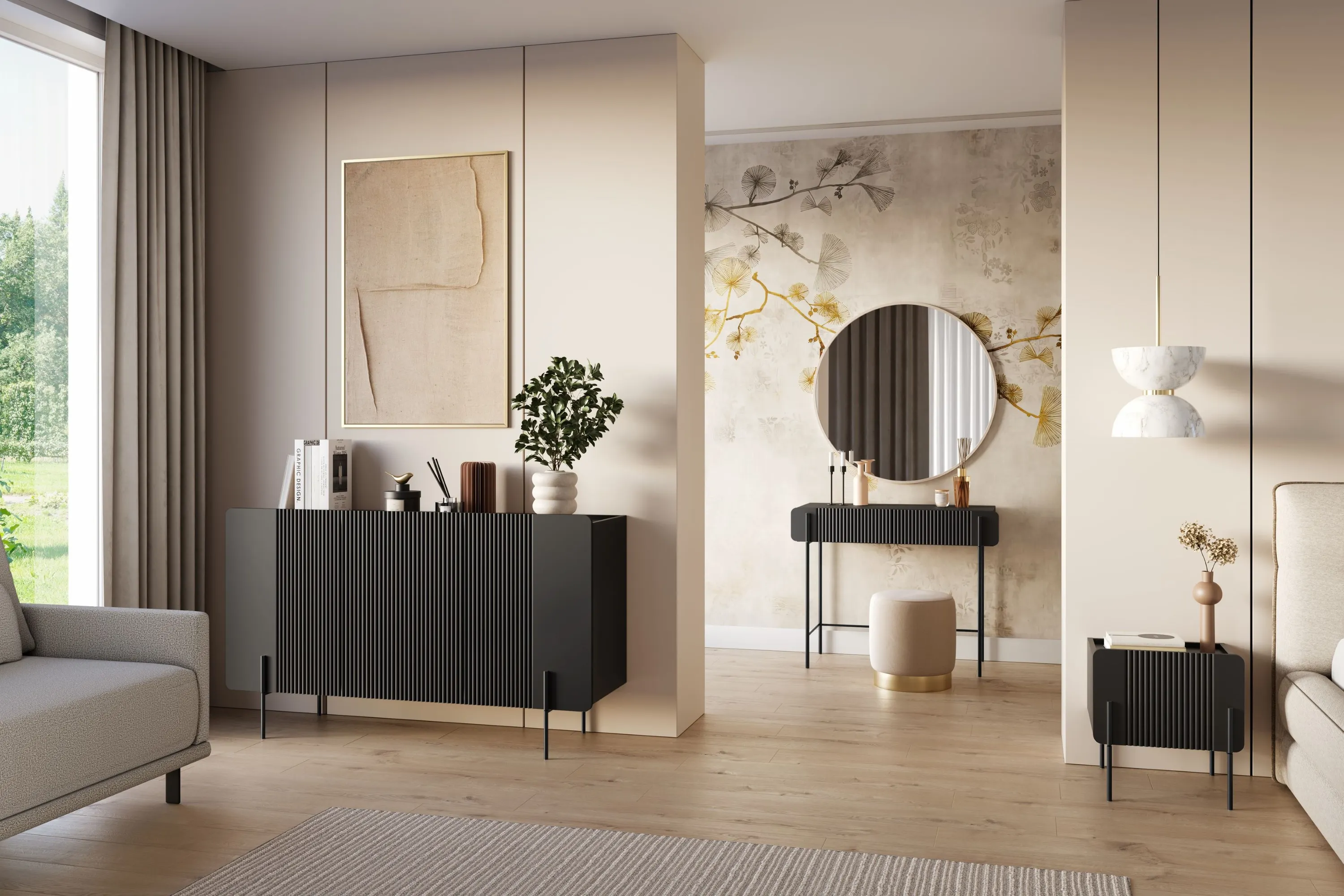 Toaletka z 2 szufladami MALMI ryflowany front 100cm - czarna - B_166957