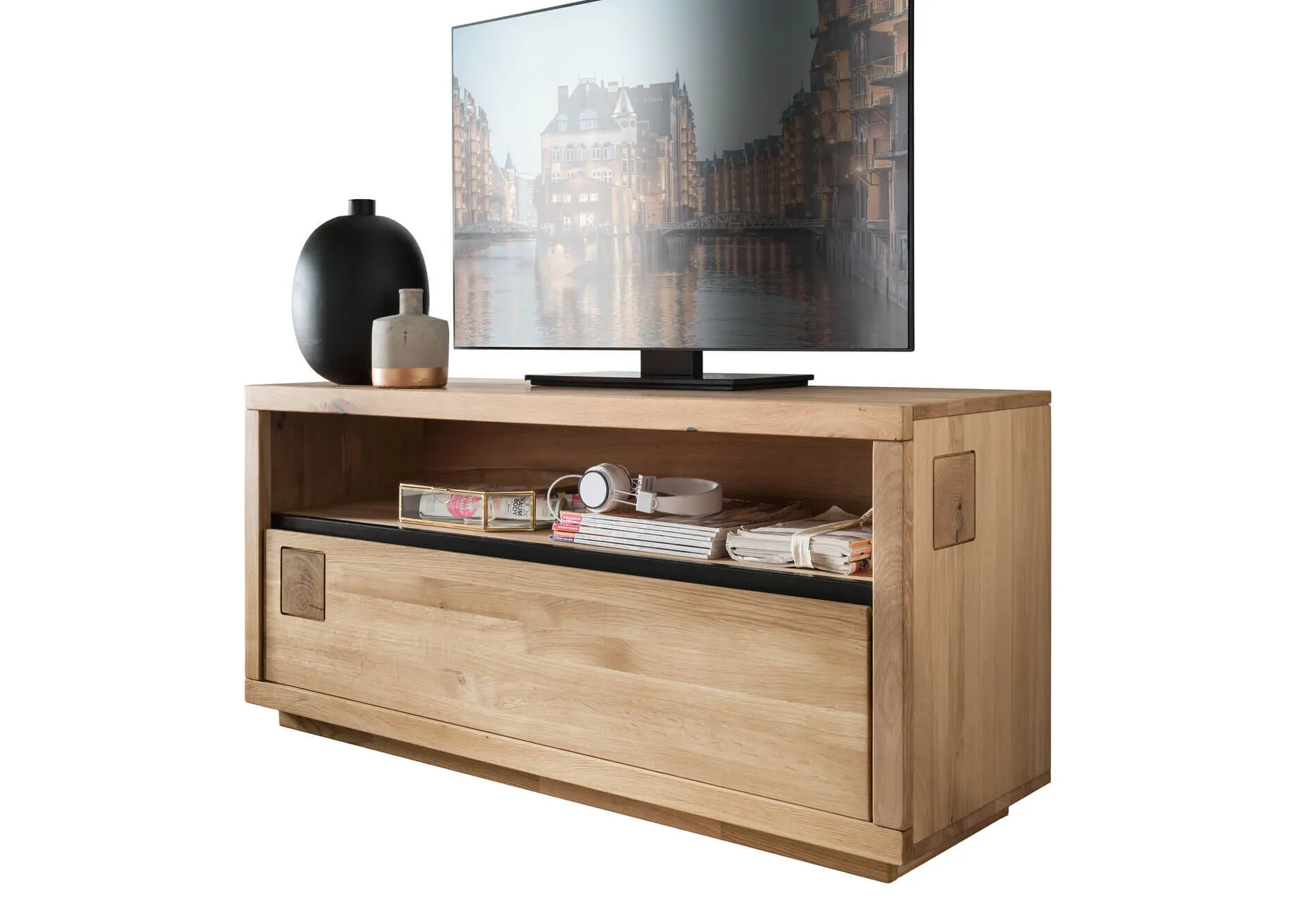 Szafka rtv dębowa HALLOW 120x56 z szufladą i półką dąb olejowany, czarny Szafka rtv dębowa HALLOW 120x56 z szufladą i półką dąb olejowany, czarny