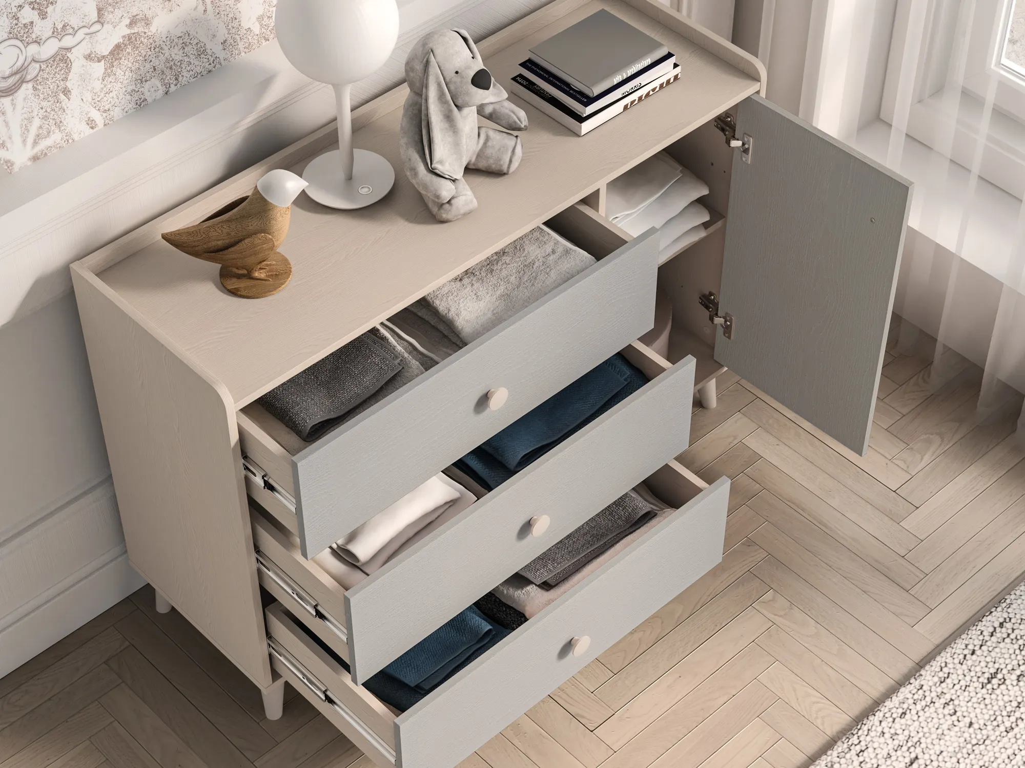 Komoda 1-drzwiowa z 3 szufladami MEVEL 05 piasek pustyni, szary pallad - 1MEVE05-002