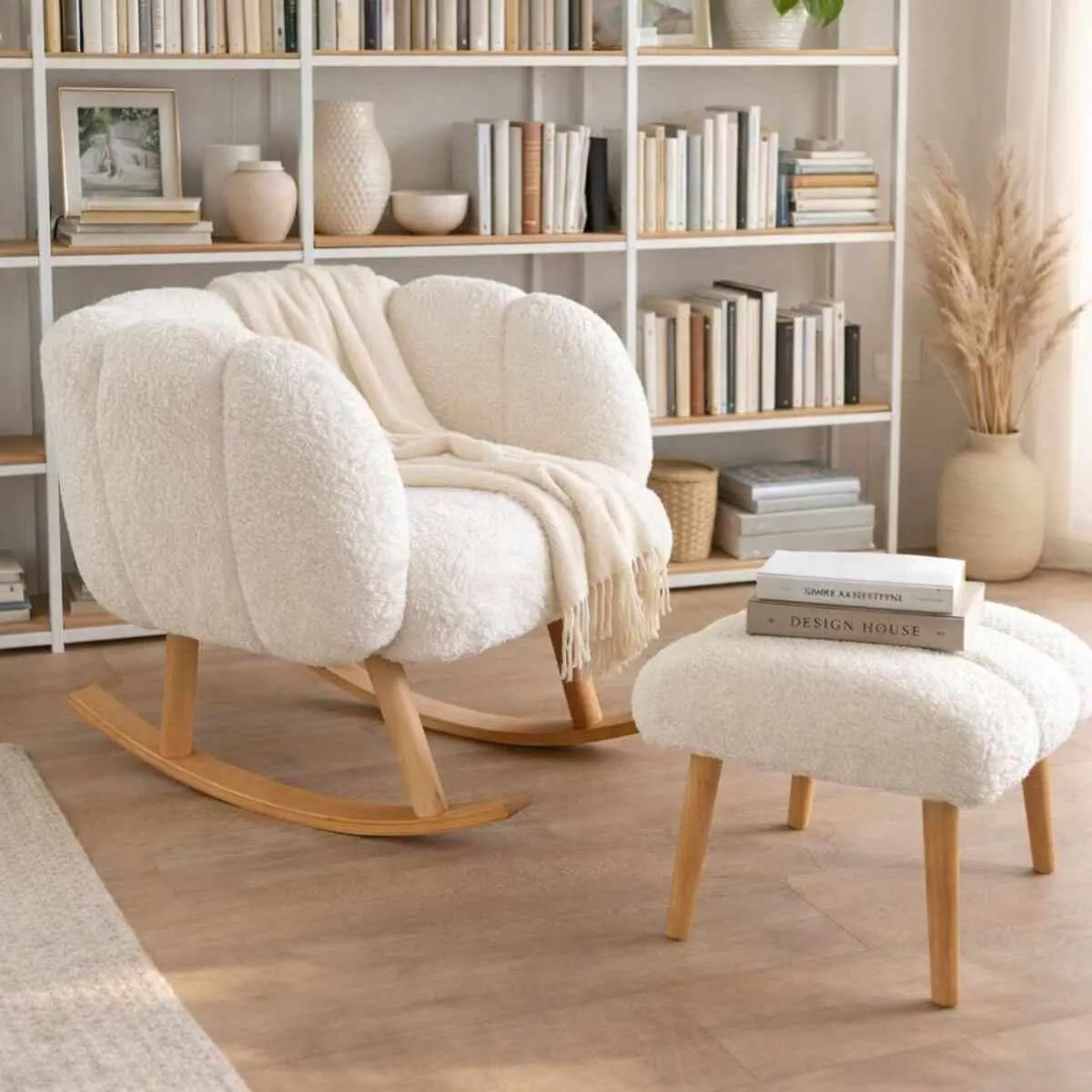 fotel bujany, pufa skandynawska, tkanina boucle, drewniane nogi, stolik ozdobny