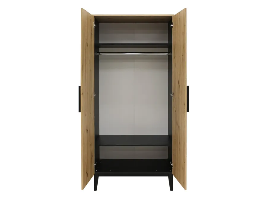 Szafa 2-drzwiowa XENA drążek i półki 90x195 efekt dębu/czarna - BAN_XEN-1