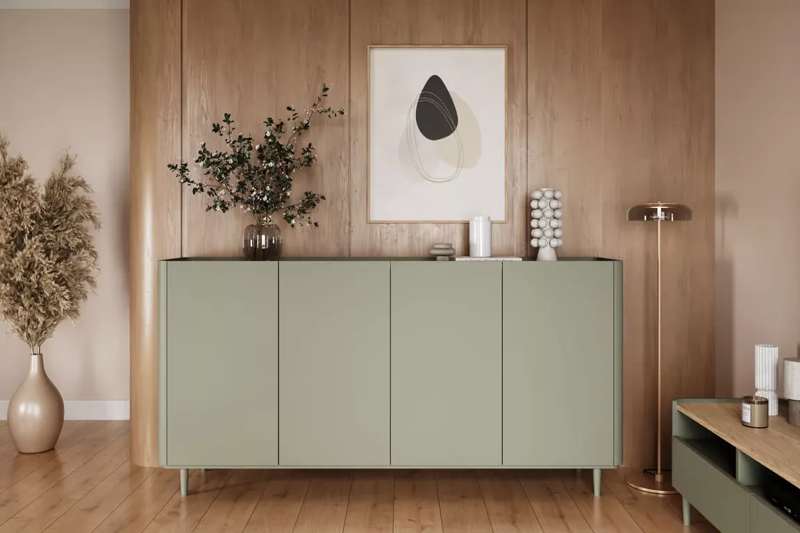 Komoda 4-drzwiowa ELIVO 200cm drewniane nóżki eukaliptus dąb baltic dune