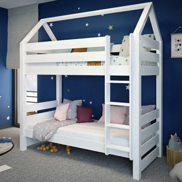 Łóżko drewniane piętrowe COSY HOME 90x200 z daszkiem białe - LPCOSYHBIA90