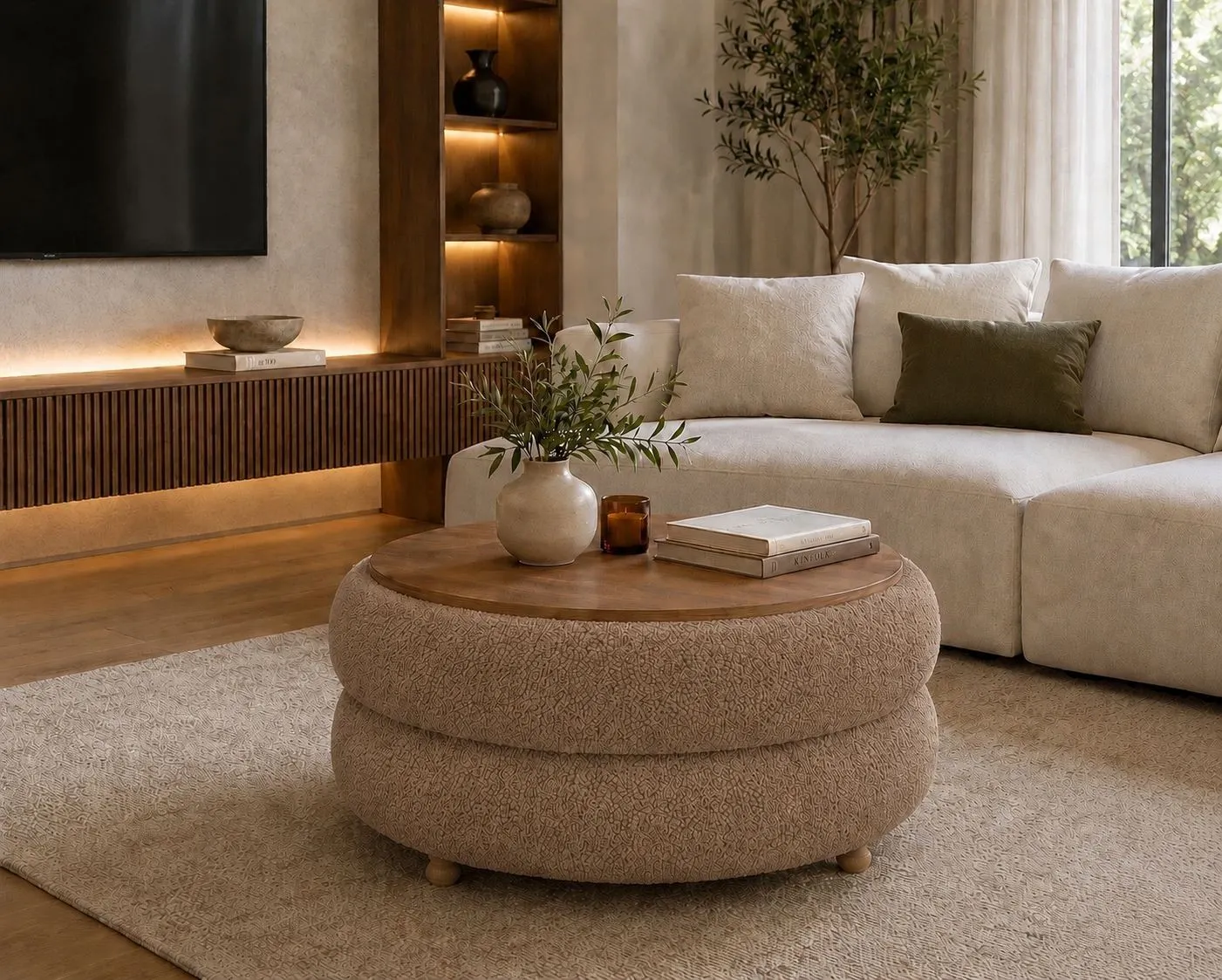 image sofa, pokój dzienny, stolik kawowy, okrągły ottoman, neutralny kolor