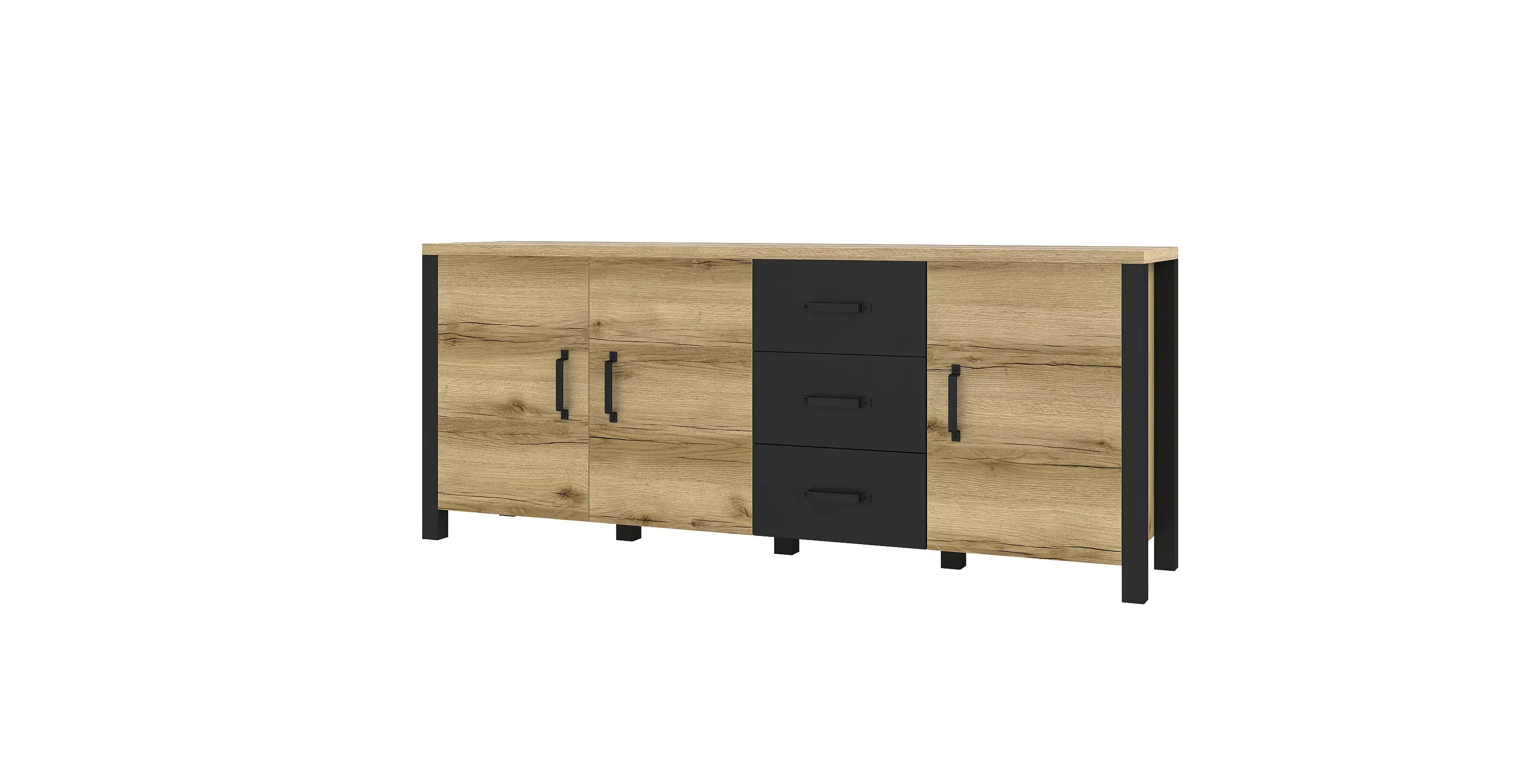 Komoda 3-drzwiowa OLIN 192 cm czarna dąb grand naturalny