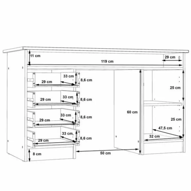 Biurko NET106 z szafką, 4 szufladami i półką - efekt drewna, biały - MT931-T19