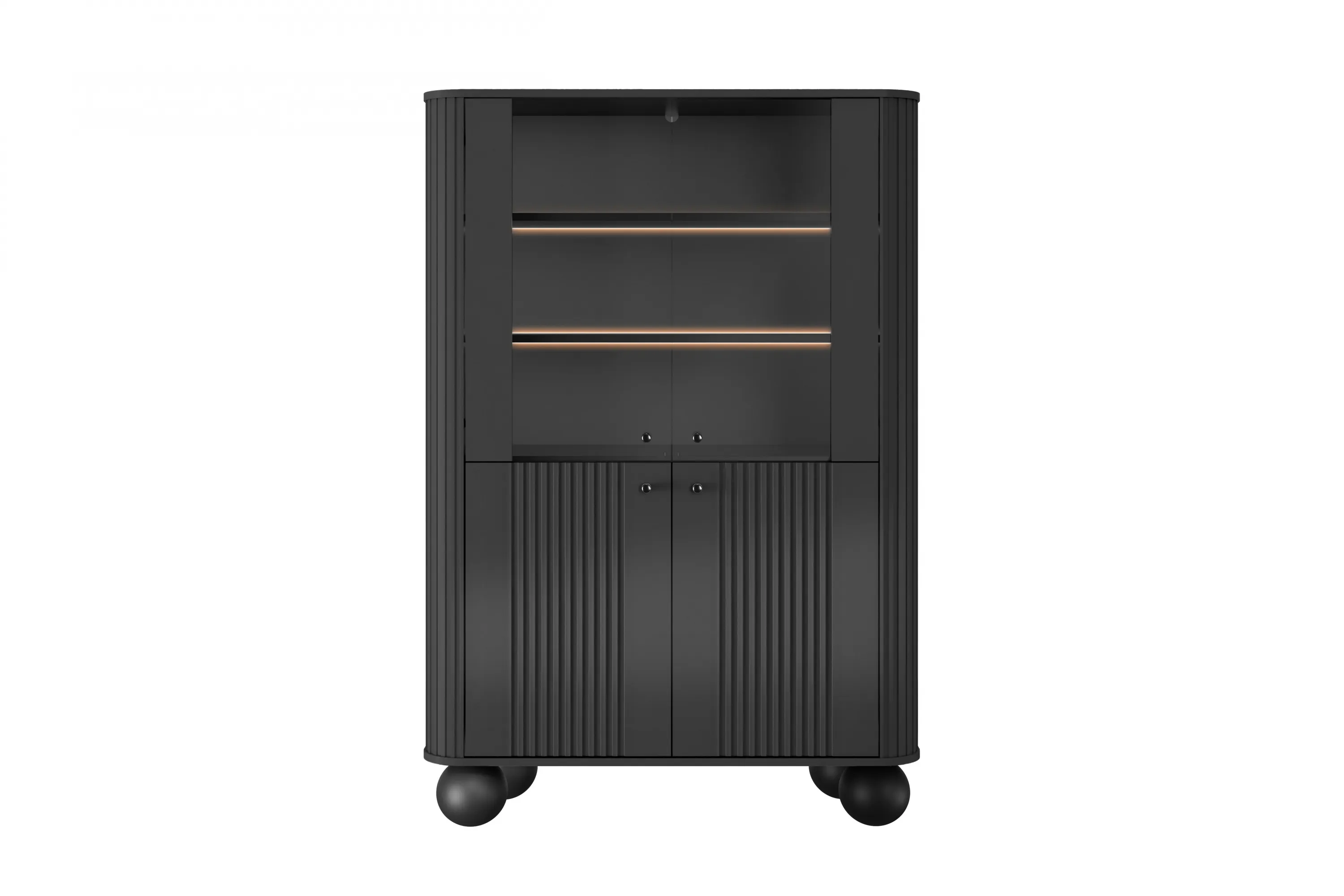 Witryna 4-drzwiowa z oświetleniem VESPER 103 ryflowany front czarna czarne uchwyty nogi kule - B_167230