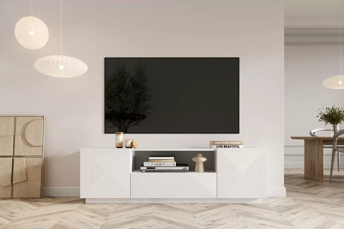 Szafka RTV ASHA 167 - biały mat- ryflowany front - cokół - B_52495