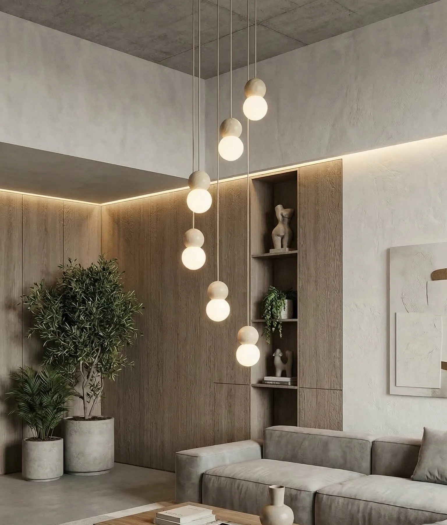 image kuchnia, lampa wisząca, kinkiety, sofa, wnętrze skandynawskie