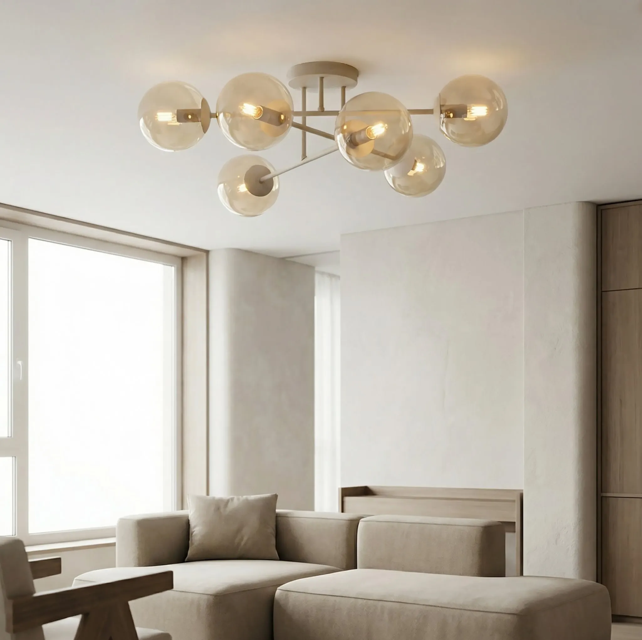 image lampa wisząca, kula szkło, oprawa sufitowa, nowoczesny design, salon