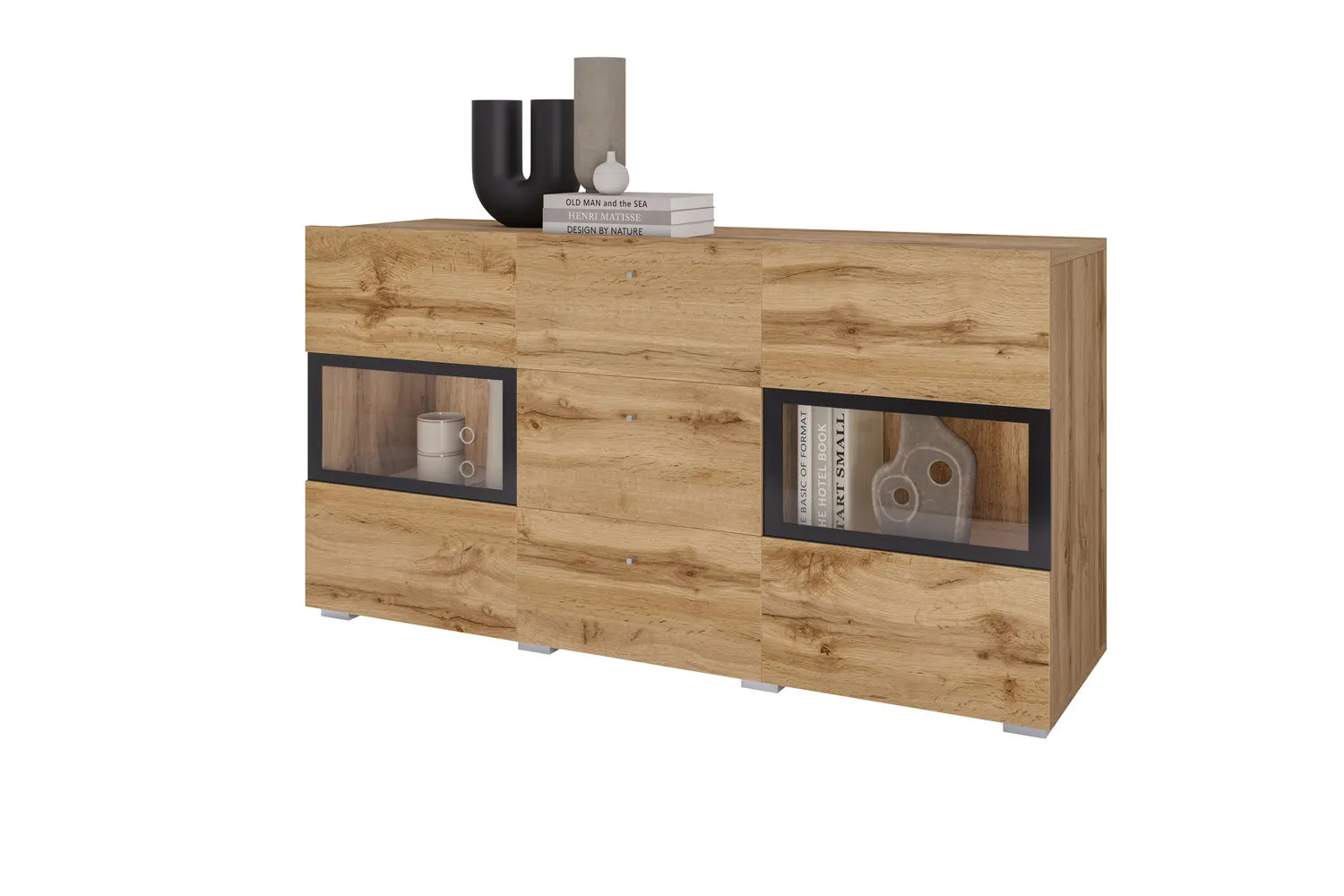 Komoda 2-drzwiowa z szufladami BAROS szklana dąb wotan - 24N0BM26